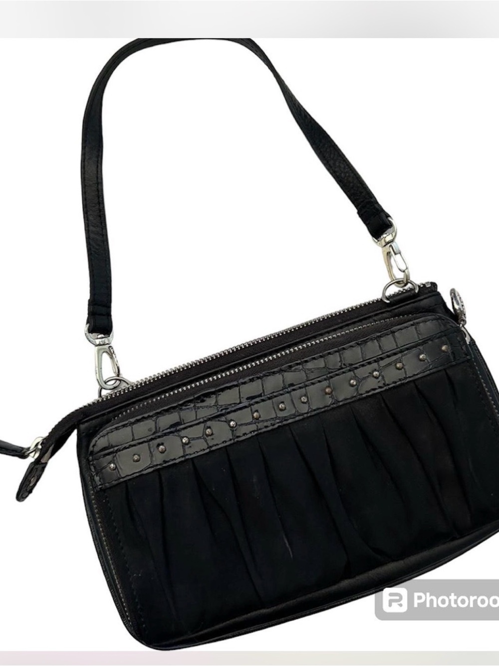 Brighton Black Leather shoulder bag with Front Zip Pocket